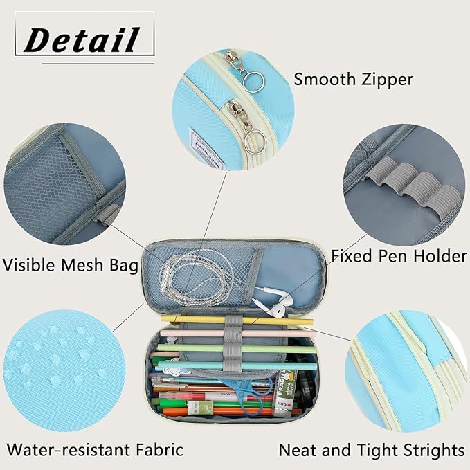 FUXINGYAO Pencil Case, Multi-compartment Pencil Pouch, Portable Pencil Bag (2101-big-BL)