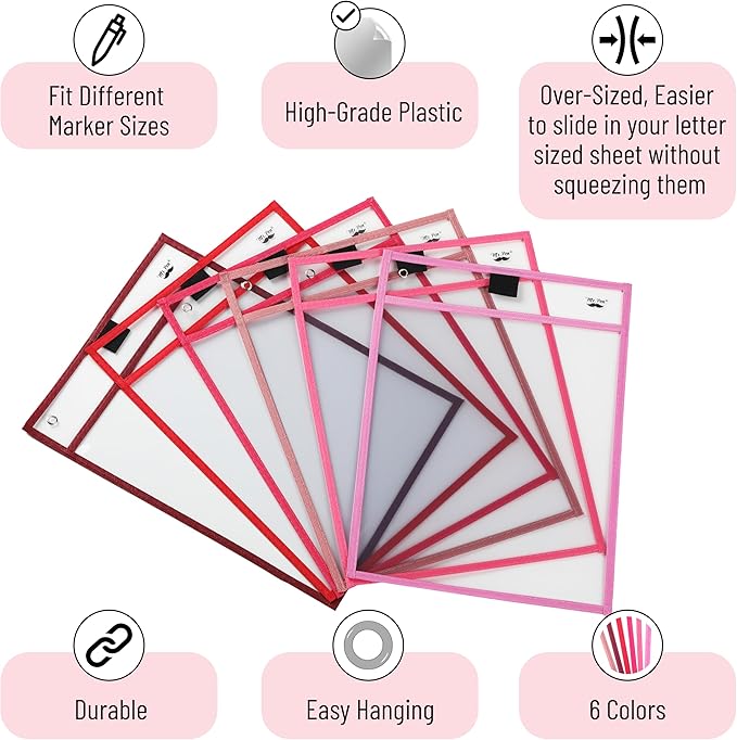 Mr. Pen- Reusable Dry Erase Pocket Sleeves, 10" x 14", 6 Pack, Pink Shades, Clear Plastic Paper Sleeves, Ticket Holders, Clear Plastic Sheet Protectors, Teacher, School, Classroom Supplies