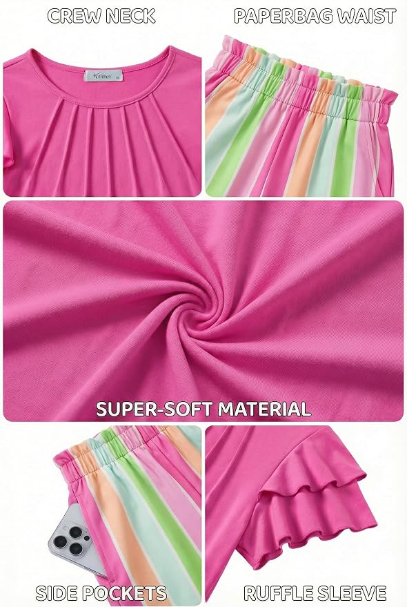 Arshiner Girls 2 Piece Outfits Summer Ruffle Sleeve Top and Paperbag Waist Shorts Set with Pockets Size 5-13 Years
