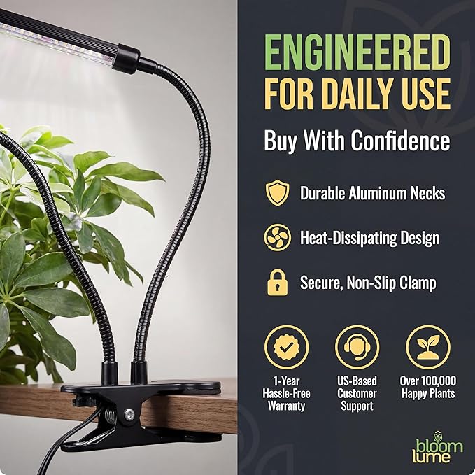 Bloom Lume LED Grow Lights for Indoor Plants Full Spectrum 6000K - Plant Grow Lights Indoor Features Multi Mode Color Spectrums (Red, White & Blue), Dimmable, Auto Timer, Clip on Gooseneck Plant Lamp