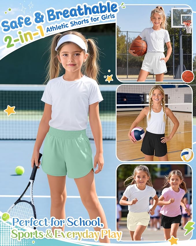 4 Pack Girls Athletic Shorts 2 in 1 Quick Dry High Waist Tween Shorts with Liner Kids Back to School Running Shorts