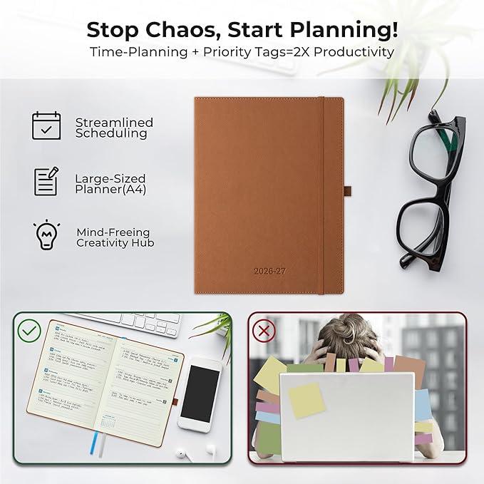 Weekly Monthly 2026-2027 Planner (July 26-Dec 27),11.5"x8.5",18 Months Agenda Plan with Month Tabs & Pocket,Expenses/Note Pages, Academic Calendar with Vegan Leather Cover,Brown