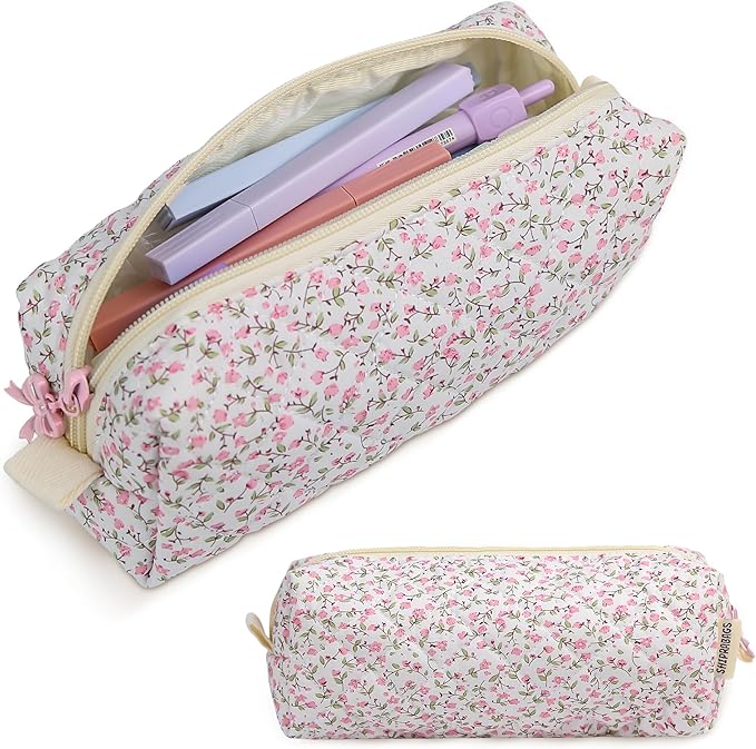 Cute Quilted Pencil Case for Girls Women, Aesthetic Small Floral Pencil Pouch,Slim Soft Pencil Bag for School Supplies Makeup Pouch for School & Daily Use (pink floral)