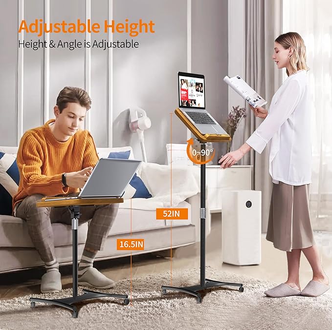 NAMON Rolling Floor Book Stand for Reading, 100% Solid Wood, Height Adjustable 16.5"-51", Floor Reading Stand with 4 Lockable Casters & Page Clip for Books, Sheet Music (Rolling/Classic, 10" x 15")