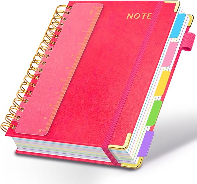 Hardcover Spiral Notebooks for Work 8.5''x 11'', 300 Pages 5 Subject Notebook with Dividers & Tabs, A4 Spiral Journal for Women, College Ruled Notebooks for School Note-Taking (Rose Red)