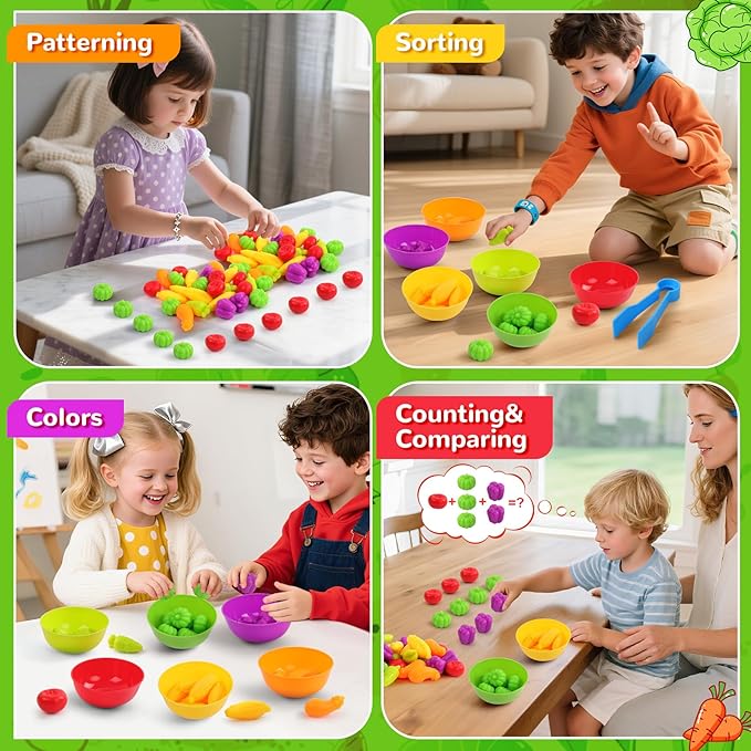 USATDD Counting Vegetables Color Sorting Matching Games with Bowls Preschool Learning Activities Sensory Toys Montessori Toys Easter Basket Stuffers Gifts for Toddlers Kids Boys Girls Aged 3-5