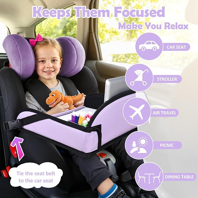 Kids Travel Tray for Toddler Carseat, Road Trip Activities Essentials for Toddler, Kids Lap Desk Tray with Tablet Holder Stand ＆ Dry Erase Board (Purple)