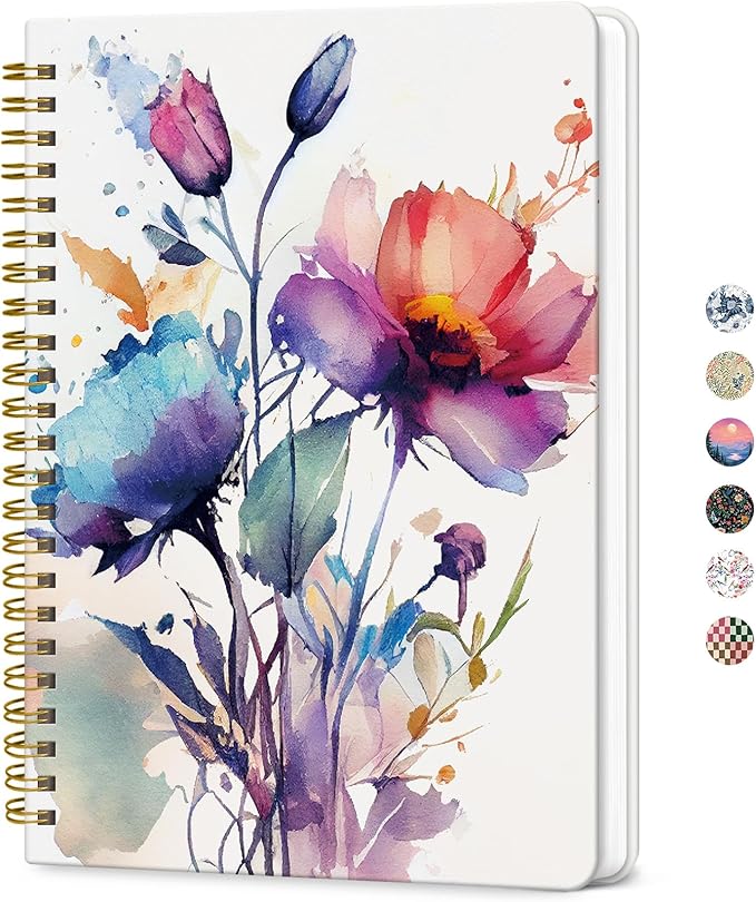 ZOTIA Lined Spiral Journal for Women, A5 Cute Hardcover College Ruled Notebook for Work, School & Note Taking, Aesthetic Writing Journal, 140 Pages (5.8" x 8.3"), Painted Bloom