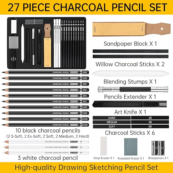 GETHPEN 27 Piece Charcoal Drawing Set - Professional Black & White Charcoal Pencils for Sketching, Shading & Blending, Graphite Sticks with Artist Art Supplies Kit (Beginners & Professionals)