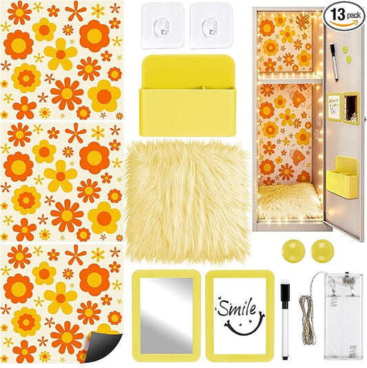 Elfcool 13 Pcs Locker Accessories Kit, Locker Decorations for Girls Boys Magnetic Pen Holder, Mirror, Whiteboard, Wallpaper, Magnets, Plush Rug, String Light, Back to School Essentials (Yellow)