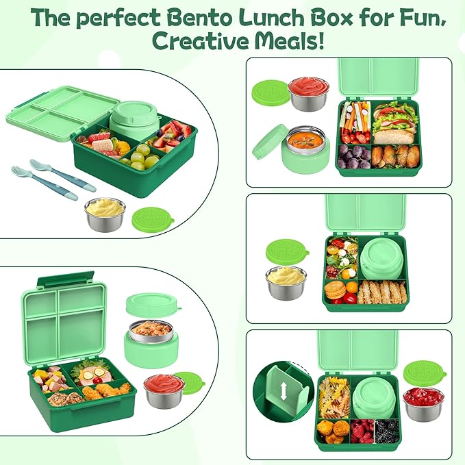 Aimsnk Kids Bento Lunch Box with 8oz Soup Thermo, Kids Leakproof Lunch Food Containers with 4 Compartment,Insulated Hot Food Jar with Lunch Bag for School, Travel (Green)