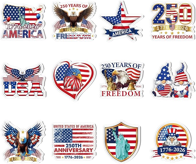 250th Anniversary America Car Magnets - Wxiben 12 Pcs USA 250 Years Freedom 1776-2026 Refrigerator Magnets Patriotic Fridge Car Magnetic Decorations Stickers for Vehicles Gifts Party Locker Decor