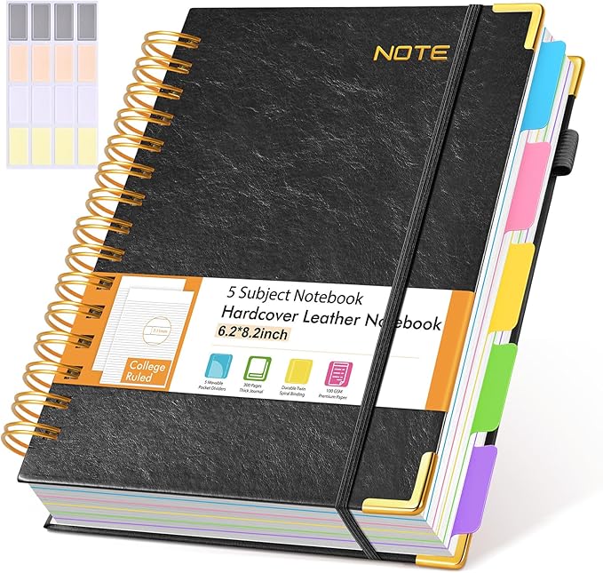 Hardcover Spiral Notebook with Removable Dividers Tabs, 300 pages Leather 5 Subject Notebook College Ruled, 6.2" x 8.2" Journal for Women Men, Small Notebooks for Work School Note taking,A5 Black