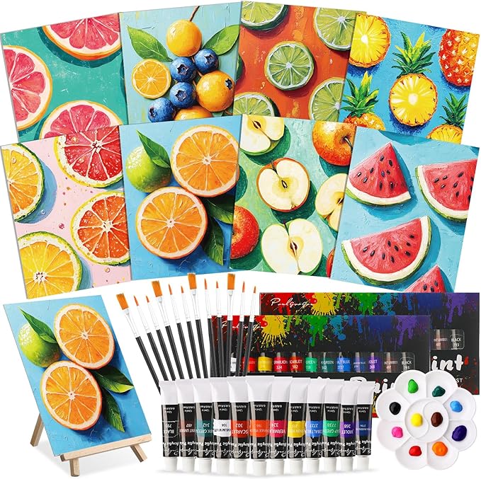 Cholemy 36 Pcs Paint and Sip Kit for Adults 8''x10'' Pre Drawn Canvas for Painting DIY Afro Acrylic Painting Kit Wood Easel Brushes Date Night Bulk for Father's Day Party Gifts(Colorful Fruits)