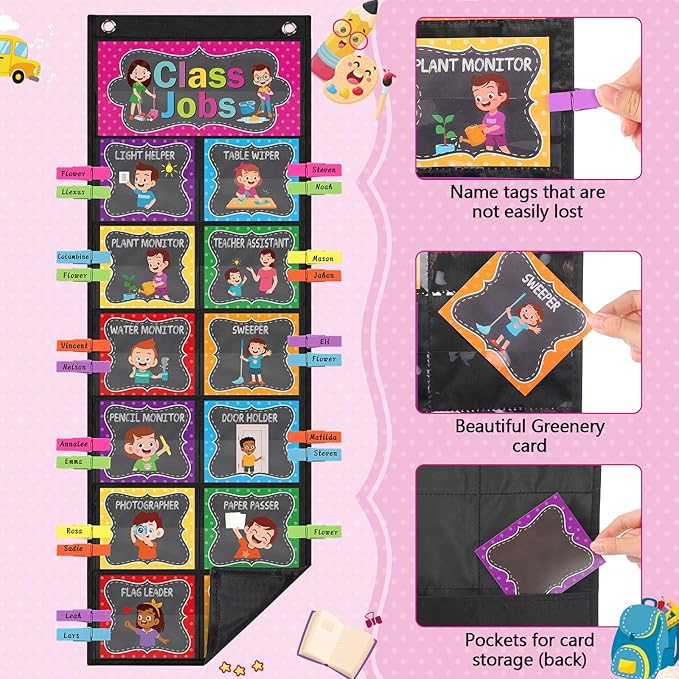 Pasimy Class Jobs Pocket Chart Class Helpers Pocket Chart Classroom Jobs Cards with Clips and Hooks Teacher Helper Bulletin Board Set for Back to School Classroom Teacher Supplies(Chalkboard Bright)