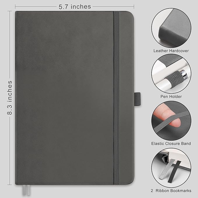 RETTACY Dotted Journal Notebook, 192 Pages, A5 Medium Size (5.7'' x 8.3''), Leather Hardcover, 100 GSM Thick Paper, for Journaling, Planning, Tracking (Gray)