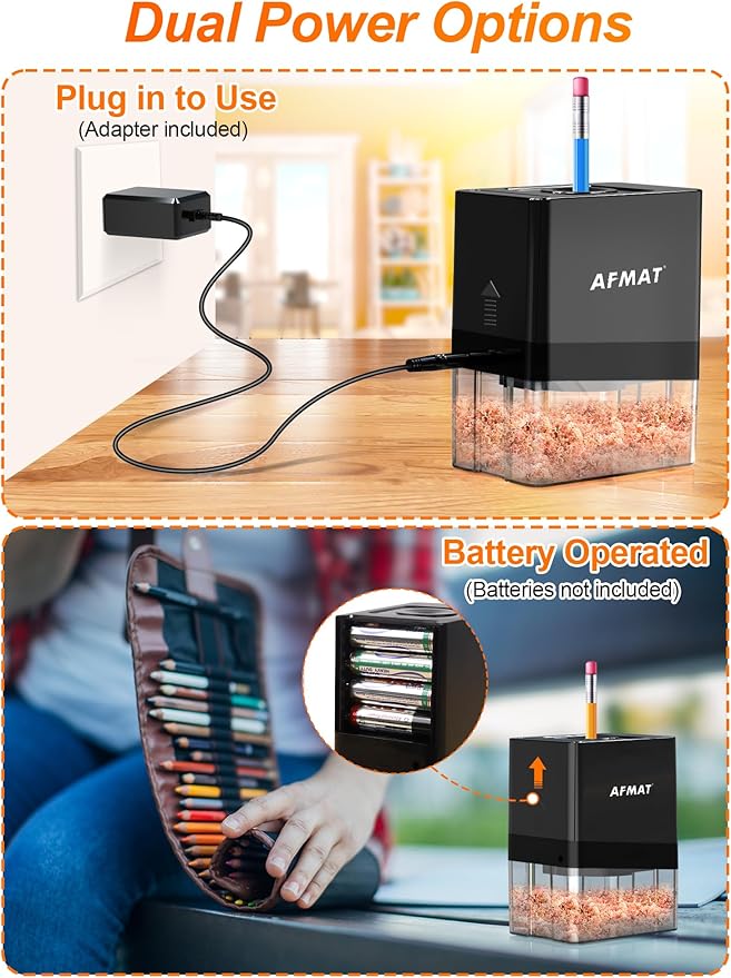 AFMAT Fully Automatic Electric Pencil Sharpener, Small Colored Pencil Sharpener, Hands Free Pencil Sharpeners for 8mm Pencils, Good for Artists, Kids Friendly, Battery Operated PSA8