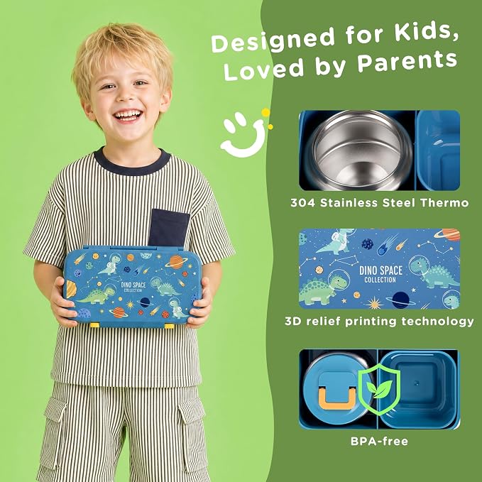 Bento Lunch Box for Kids With 8oz Food Thermo,BPA-Free for School | Lunch Container with 2 Compartments, Insulated Food Jar, Dishwasher Safe, Easy to Clean, Lunch Box for Girls Boys