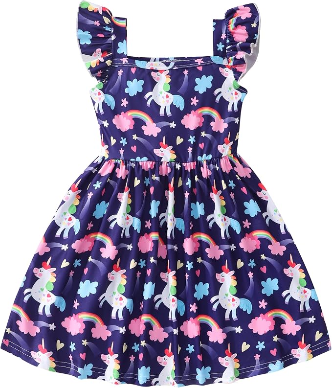 Popshion Girls Dresses Flutter Sleeve Swing Sundress Toddler Summer Clothes Kid Birthday Party Sleeveless Dress 1-8 Years Old