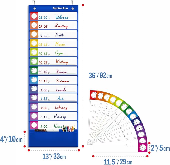 Daily Schedule Pocket Chart, Classroom Charts with 13+1 Pockets, 13 Double-Sided Reusable Colored Cards, 13 Blank Ones and 2 Over-Door Mounting Hangers Include (Blue, 13” x 36”)