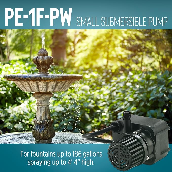 Little Giant PE-1F-PW 115 Volt, 1/125 HP, 170 GPH Submersible Direct Drive Fountain Pump with 15-Ft. Cord, Black, 566608 | 1/125 HP, For Fountains/Hydroponics/Recirculation, Epoxy-coated Aluminum, Manual (no switch), 566608