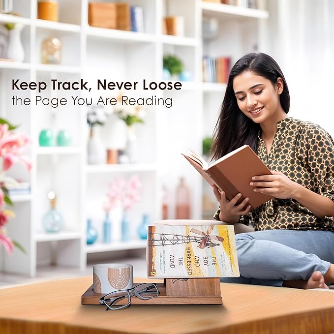 Wooden Triangle Book Stand & Reading Valet – Book Rest with Cup, Phone, Glasses & Pen Holder – Thumb Book Page Holder - Nightstand Book Holder & Gift for Book Lovers, Readers & Bibliophiles