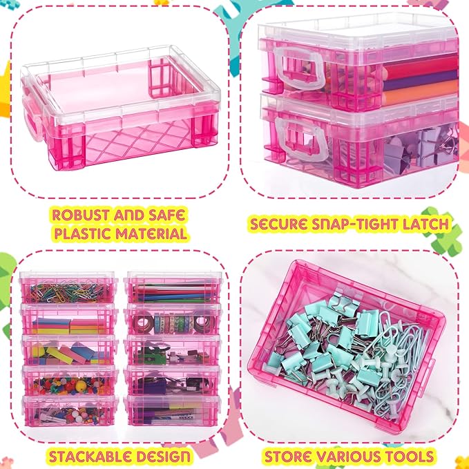 Suzile 25 Pcs Plastic Crayon Boxes with Snap Lids Crayon Storage Organizer Stackable Container Bulk Pencil Case for Pen Crafts Classroom Supplies(Pink)