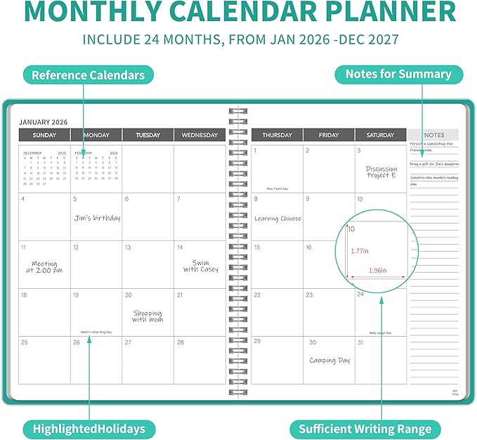 Monthly Planner 2026-2027, 2026 Calendar 24 Months Planner, Jan 2026 - Dec 2027, 8.6" x 11", Academic Calendar Hard PVC Cover with Spiral Bound, Perfect for School & Office for Women & Men