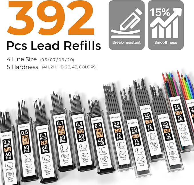 STAGEEK 25PCS Art Mechanical Pencil Set, 3PCS Metal lead pencil 0.5, 0.7, 0.9, 2PCS 2mm Drawing Pencil (HB 2H 2B 4B Color) with 392PCS Graphite Leads, Eraser with Case for Drafting Drawing Writing