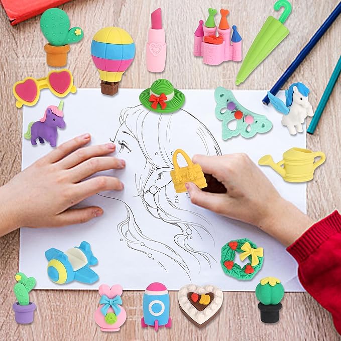Cllayees 72 Pcs Erasers for Kids, Mini Pencil Eraser Bulk Classroom Prizes, Fun Puzzle Erasers for Girl Preschool Elementary Student, Back to School Supplies
