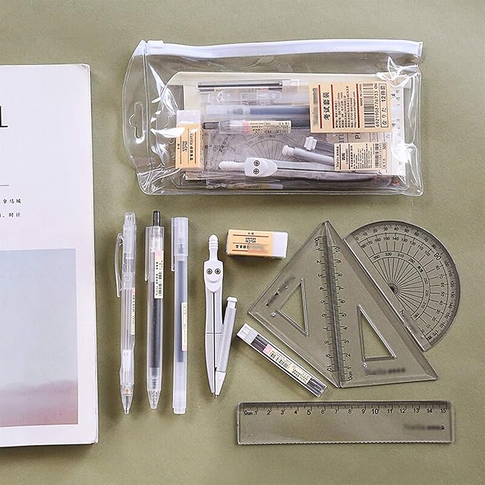 Math Geometry Compass 10 Piece Geometry School Set Compass, with Protractor Rulers Pencil for Math Best Gift
