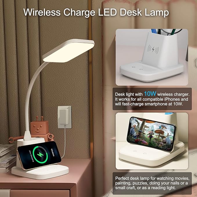 Upgraded LED Desk Lamp with Wireless Charger, White Small Desk Light with Pen Holder, 3 Color Modes, CRI 85, 800 Lumen, Study Lamps for College Dorm Room, Home Office, Adapter Included