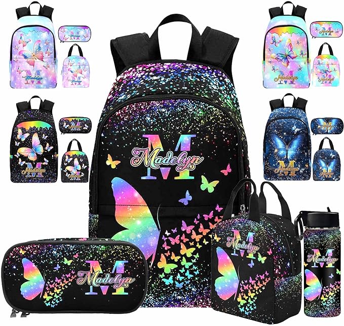 M YESCUSTOM Personalize Girls Backpack with Lunch Bag, Butterfly Custom Backpack for Girl Kids Bookbag Elementary School Kindergarten Travel Bag