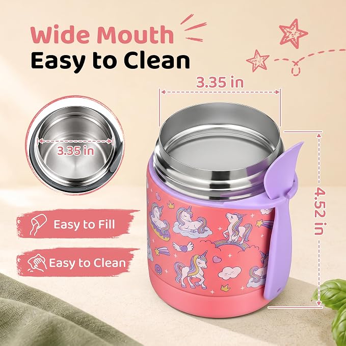 10oz Soup Thermo for Hot Food Kids Insulated Food Jar,Thermo Hot Food Lunch Container, Width Mouth Stainless Steel Lunch Box for Kids with Spoon (Pink-Cute Horse)