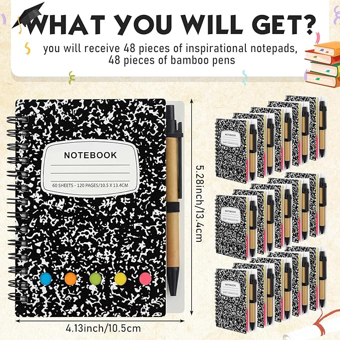 Dunzoom 48 Sets Spiral Notebook Bulk, Steno Pads Lined Notepad with Pen, Sticky Notes Colored Index Tabs, 5.2" x 4.1" Pocket Notebook for Home Business Office Supplies, 60 Sheets (Black)