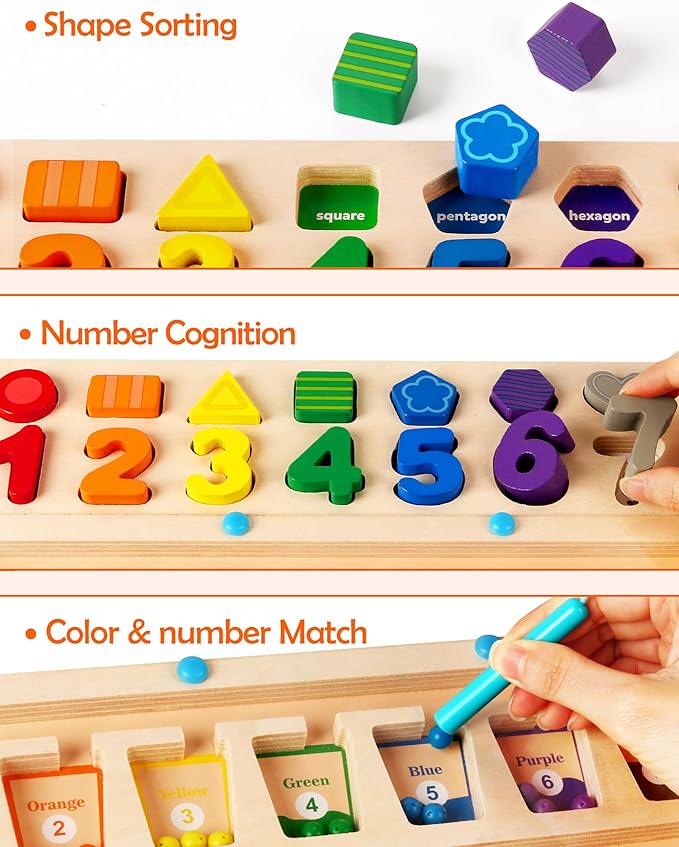 SYNARRY 3 in 1 Montessori Toys for 3+ Year Old, Educational Magnetic Color and Number Maze, Shape & Number Wooden Puzzle Counting Learning Toys, Easter Basket Stuffers Gifts for Kids