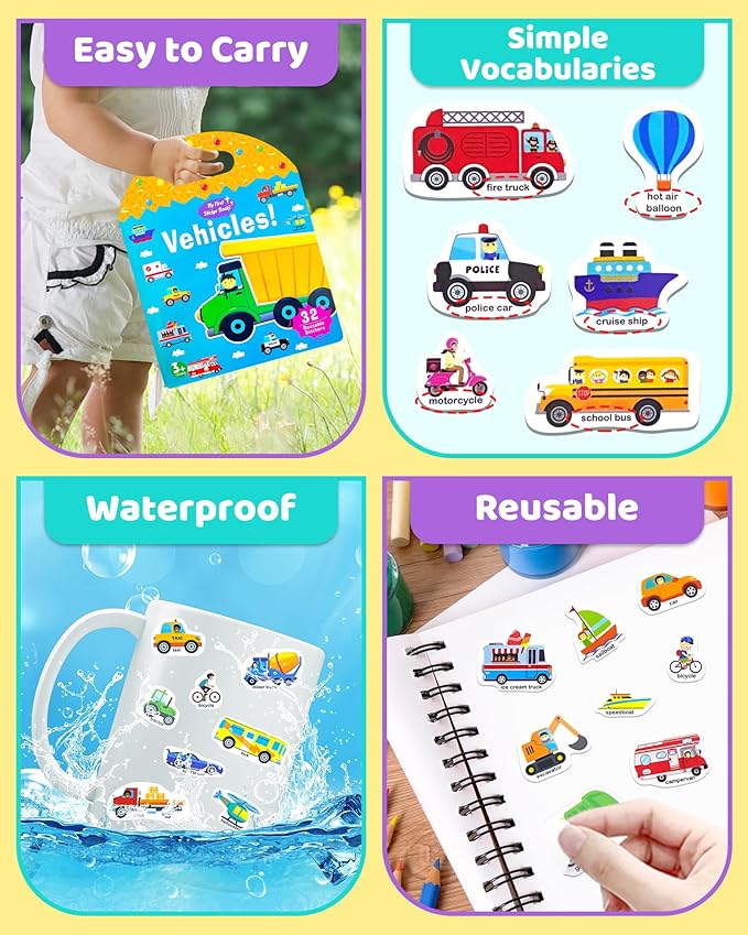 Benresive Reusable Sticker Book for Toddlers, Travel Stickers for Kids, Toddler Crafts Activities Toys, Birthday Gifts for Boys & Girls - Transport
