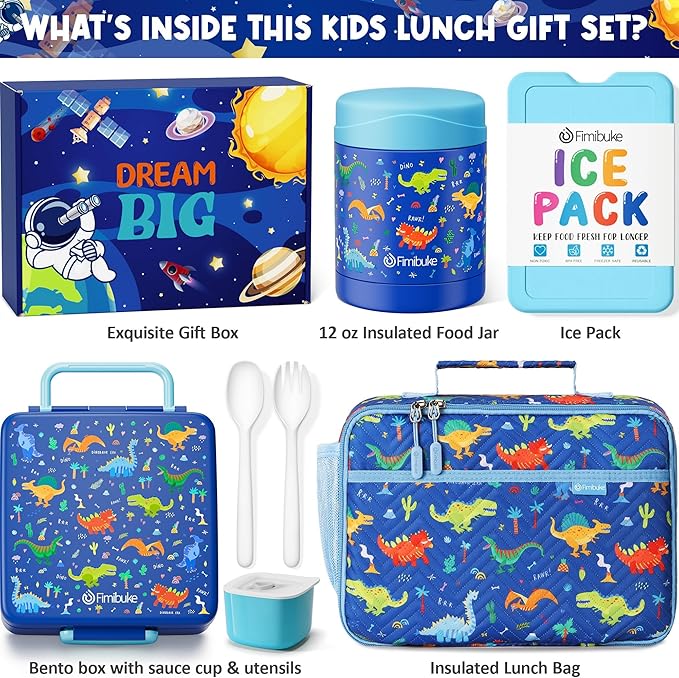 Fimibuke Kids Bento Snack Lunch Box with 4 Compartment, Insulated Lunch Bag, Stainless Steel Vacuum Thermo Food Jar, Ice Pack, Utensils Set, Birthday Gifts for Age 3-12 Back to School Toddler Girl Boy
