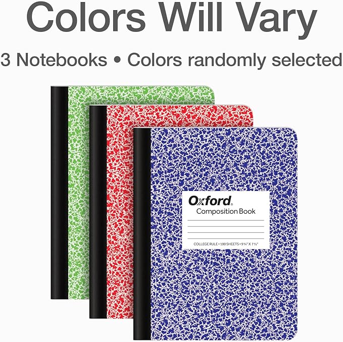 Oxford Composition Notebooks, 3 Pack, Cover Colors Vary, College Ruled Paper, 9-3/4 x 7-1/2 Inch School Journals, Assorted Marble Covers, 100 Sheets per Book (1002518)