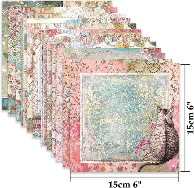 Scrapbook Paper,24 Sheets 6"x 6" Vintage Scrapbook Supplies,Single-Sided Pattern Decorative Cardstock Paper for Junk Journal,Card Making,DIY Album, Art Journaling,Decoupage Craft,Orchids and Cat