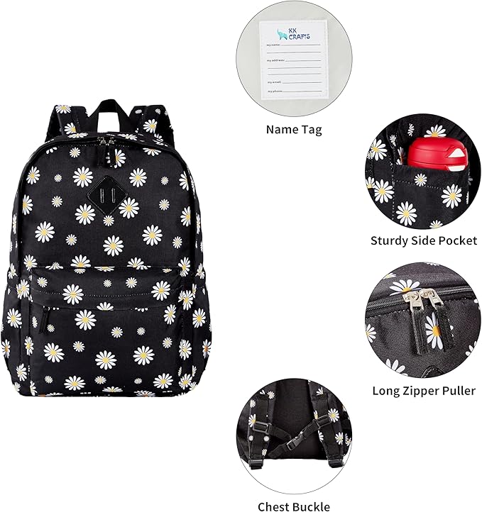 KK CRAFTS Preschool Backpack Kindergarten Little Kids Toddler Elementary School Backpacks for Boys and Girls with Chest Strap(17Inch, Daisy-Black)