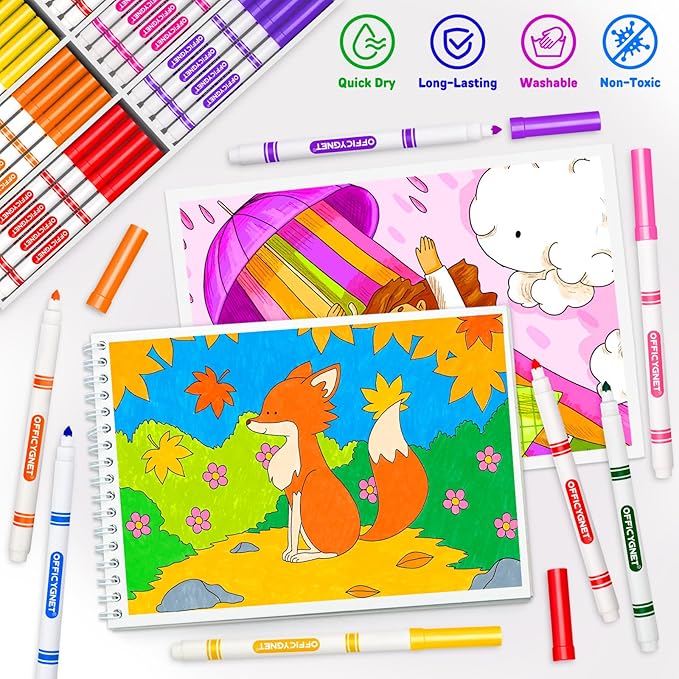 Officygnet 256 Count Washable Markers Bulk, 16 Assorted Colors, Conical Tip with Fine & Broad Line Coloring Marker for Kids, Markers Bulk for Classroom, School Art Supplies, Back to School Essentials