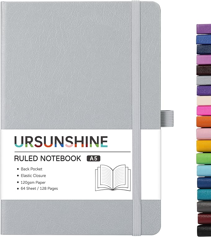Ruled Notebook/Journal - Classic Lined Journal/Notebook, 5.3'' x 8.26'', Hardcover with Thick Paper, Banded + Pen Holder +Inner Pocket - Light Gray