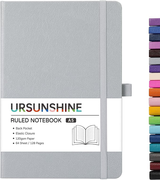 Ruled Notebook/Journal - Classic Lined Journal/Notebook, 5.3'' x 8.26'', Hardcover with Thick Paper, Banded + Pen Holder +Inner Pocket - Light Gray