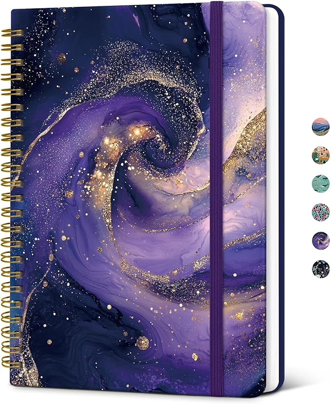 Taja Spiral Lined Journal for Women, Notebook for Work with Pretty Cover, 140 College Ruled Pages, Hardcover Notebook for Journaling, Note Taking, Bible Study, Cosmic Amethyst