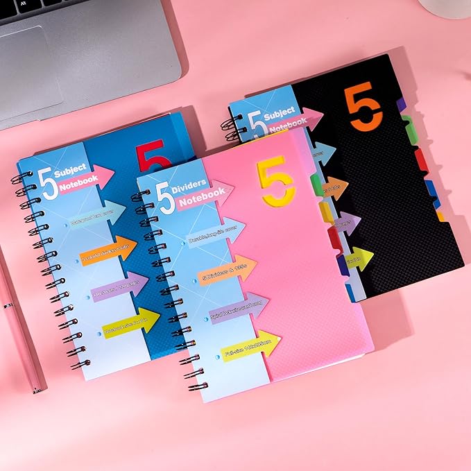 CAGIE 3 Pack 5 Subject Notebook with Dividers 220 Pages Spiral Notebooks with Tabs 5x7 A5 Spiral Bound Journal for Note Taking, Work School Supplies, Black, Pink, Blue