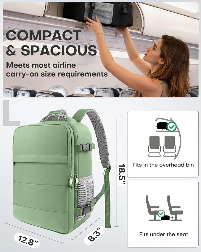 HOTOR Travel Backpack Flight Approved Bag Men Women, Large Green | TSA Carry on Luggage, 15.8" Laptop, Casual Daypack Travel Essentials Nurse Bag for Work, Business, Weekender, College