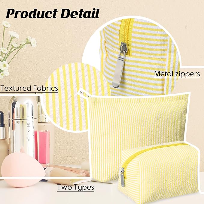 Huhumy 2 Pcs Makeup Bag Set for Women, Yellow, Thin Striped Seersucker | Cute Cosmetic Pouch Women Travel Toiletry Bag Preppy Small Makeup Purse Pouch Aesthetic Skincare Brushes Storage Organizer