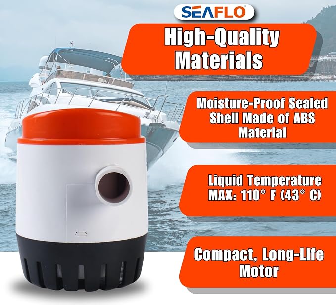 SEAFLO 06 Series Automatic Submersible Bilge Pump - 1100 GPH, 12V, 1-1/8"" Outlet, 4-Year Warranty! Built-In Float Switch, Snap-Off Strainer, Compact for Marine Boat Yacht, CE & Rohs Certified