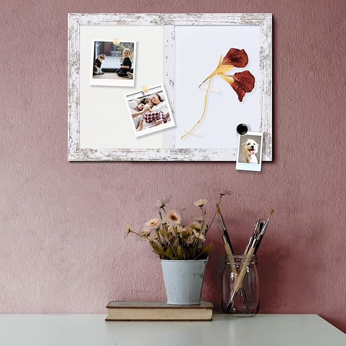Bulletin Board Whiteboard White Felt Board Combo for Office School Kitchen Bedroom, White Wood Frame,10.2"*14.2",Whiteboard+WH-2636WH